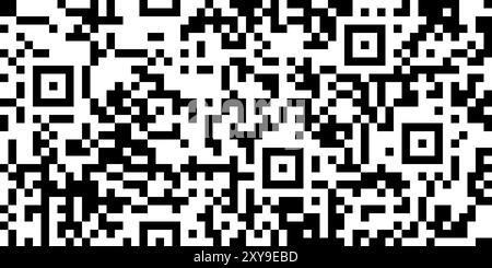 Black and white QR code seamless pattern with chaotic squares. Encoded binary message for scan by phone. Vector monochrome tech background Stock Vector