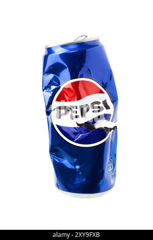 Chisinau, MOLDOVA - August 28, 2024: Crushed aluminum soda can with Pepsi logo isolated on white. Opened empty crumpled can of famous soft drink brand Stock Photo
