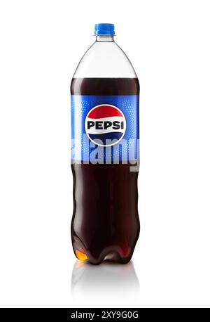 Chisinau, MOLDOVA - August 20, 2024: Front view of Pepsi Cola 2L plastic bottle isolated on white background. With clipping path Stock Photo