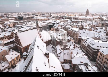 View from the spire of St. Peter's Church in Riga, Latvia, on a snowy winter day Stock Photo