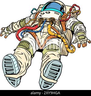 Pop Art Retro The astronaut lies in his suit. Day of Cosmonautics and Space Exploration. Scientific research in the field of space and the universe. Stock Vector