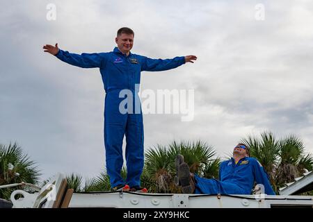 KSC, Florida, USA. 12th Oct, 2023. SpaceX Crew-8 pilot Alexander Grebenkin poses for a photo outside the emergency egress vehicle at NASA's Kennedy Space Center's Launch Pad 39A in Florida. Astronauts would use the emergency egress vehicle to quickly leave the launch area in the unlikely event of an emergency. (Credit Image: © SpaceX/ZUMA Press Wire) EDITORIAL USAGE ONLY! Not for Commercial USAGE! Stock Photo