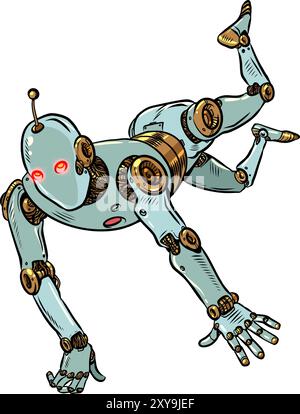Pop Art Retro Vintage robot falls down. Development of AI in areas of humanization. Sci-fi look of the future computer. Stock Vector