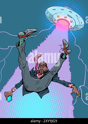 Pop Art Retro An office worker gets hit by a flying saucer. Alien invasion of earth. Exploration of extraterrestrial life in space. Stock Vector