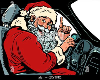 Pop Art Retro Santa Claus is sitting in a car behind the wheel. Coming Christmas and New Year holidays. Gift courier on the eve of the holidays. Stock Vector