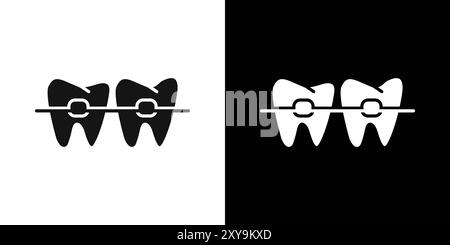 Teeth with braces icon Black line art vector in black and white outline ...