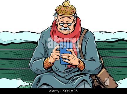 Pop Art Retro An elderly man with glasses looks at his phone on a bench in winter. Special New Year's offers for the elderly. News feeds for everyone Stock Vector