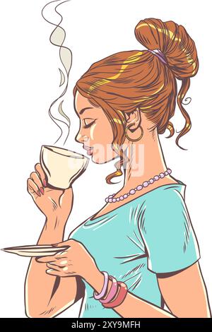Advertising a new drink in a coffee shop or restaurant. The girl drinks a cup of hot drink. Banner for coffee and tea shops. Pop Art Retro Stock Vector