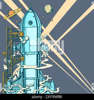 Pop Art Retro A space rocket is preparing for its launch overlooking the galaxy. Exploring space and the universe with the help of technology Stock Vector