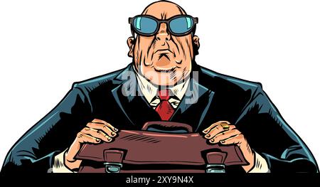 Serious man in a suit and briefcase. Business meeting of entrepreneurs on business issues. The mafia boss watches closely. Pop Art Retro Vector Illust Stock Vector