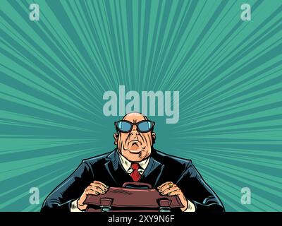 Serious man in a suit and briefcase. Business meeting of entrepreneurs on business issues. The mafia boss watches closely. Pop Art Retro Vector Illust Stock Vector