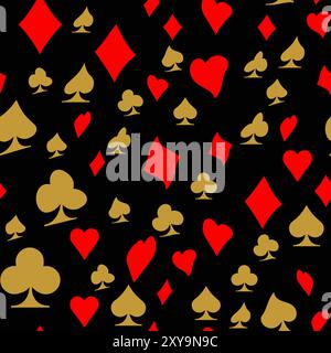 Red, black, golden suits of playing cards seamless pattern. Spades, crosses, diamonds and hearts. suits for playing cards Stock Vector