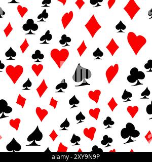 Red, black, golden suits of playing cards seamless pattern. Spades, crosses, diamonds and hearts. suits for playing cards Stock Vector
