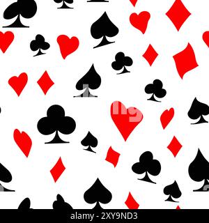 Red, black, golden suits of playing cards seamless pattern. Spades, crosses, diamonds and hearts. suits for playing cards Stock Vector