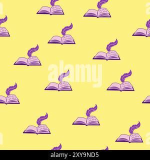 Alice in Wonderland seamless pattern Book with feather Stock Vector