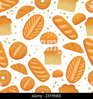 Bread pattern. Seamless print of bakery products with baguettes croissants bagels pretzels, cartoon fresh baked food. Vector texture. Fresh loaf of br Stock Vector