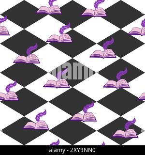 Alice in Wonderland seamless pattern. Book with feather Stock Vector