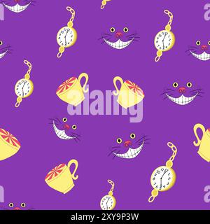 Alice in Wonderland seamless pattern. Cups and clocks, time to drink tea Stock Vector
