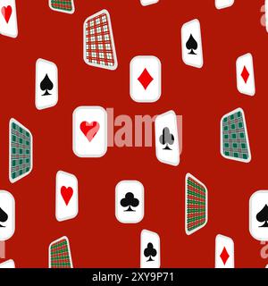 Red, black, golden suits of playing cards seamless pattern. Spades, crosses, diamonds and hearts. suits for playing cards Stock Vector