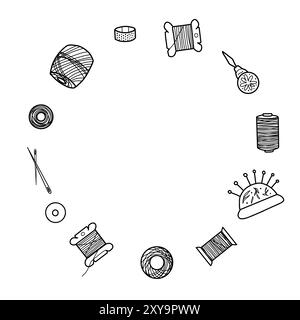Sewing or Needlework Wreath or Circle Frame, Border for handmade classes, Handicraft. Hand drawn vector illustration of tools for Stitching. Threads Stock Vector