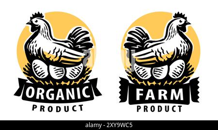 Chicken, hen in a nest with eggs. Organic product emblem or badge. Farm food vector illustration Stock Vector