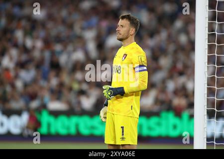 London, UK. 28th Aug, 2024. London, England, August 28th 2024: Neto (1 Bournemouth) during the Carabao Cup game between West Ham United and Bournemouth at London Stadium in London, England (Alexander Canillas/SPP) Credit: SPP Sport Press Photo. /Alamy Live News Stock Photo