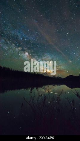 Milky way over mountain in Oregon with lake reflections Stock Photo