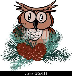 Eagle owl with pine branches and cones vector illustration Stock Vector