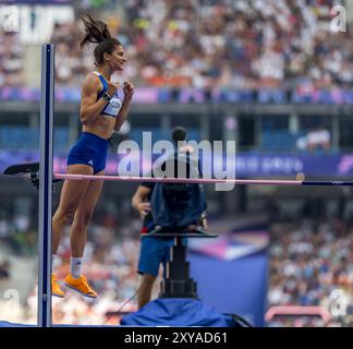 Paris, Ile de France, France. 2nd Aug, 2024. TATIANA GUSIN (GRE) of Greece, competes in the Women's High Jump at the Stade de France Stadium during the 2024 Paris Summer Olympics in Paris, France. (Credit Image: © Walter Arce/ZUMA Press Wire) EDITORIAL USAGE ONLY! Not for Commercial USAGE! Stock Photo