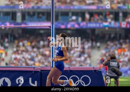 Paris, Ile de France, France. 2nd Aug, 2024. TATIANA GUSIN (GRE) of Greece, competes in the Women's High Jump at the Stade de France Stadium during the 2024 Paris Summer Olympics in Paris, France. (Credit Image: © Walter Arce/ZUMA Press Wire) EDITORIAL USAGE ONLY! Not for Commercial USAGE! Stock Photo