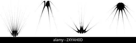 Black abstract spiky element set. Thin thorn semicircle shapes and angular twinkles bundle. Futuristic spokes objects for poster, collage, banner, logo, card, icon, label, sticker, badge. Vector Stock Vector