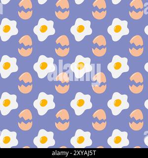 Fried eggs with yolk with Cracked eggshells Seamless pattern. Culinary background texture concept. Vector illustration Wrapping, wallpaper, flyers, posters, banner, brochure leaflet, label or web idea Stock Vector