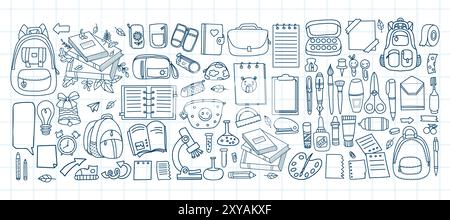 Back to school doodles. Outline hand drawings stationery and art supplies big set. Accessories for study, student equipment, hobby items. Vector illus Stock Vector