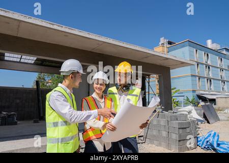 Engineers Collaborating on Construction Plans Outdoors. Teamwork and Development Stock Photo