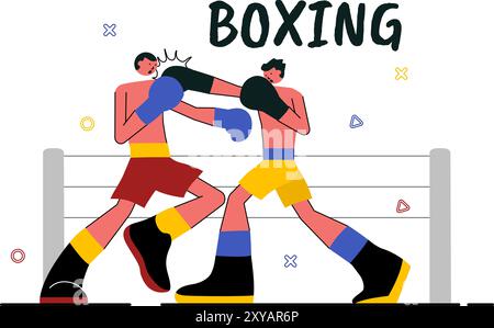 Professional Boxing Sport Vector Illustration Featuring a Boxer Wearing Red Gloves and a Helmet with Scenes of Competing, Sparring, or Practicing Stock Vector