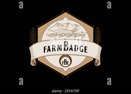 Vintage Retro Hipster Hexagonal Mountain Hill Farm Field Badge Emblem Label Logo Design Stock Vector