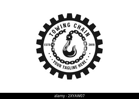 Vintage Heavy Gear with Chain Towing Crane Hook for Construction Industry Machine or Car Service Logo Design Stock Vector