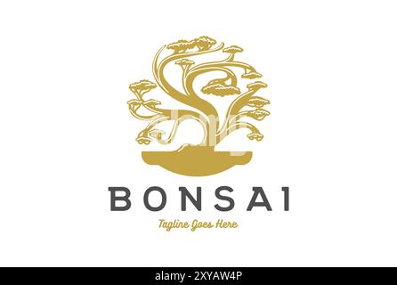 Oriental Bonsai Art Japanese Mini Small Plant Tree on Pot Silhouette Logo Design Stock Vector