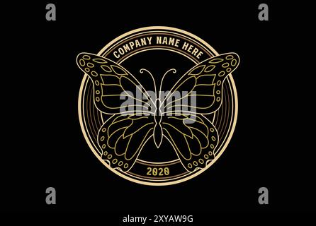 Circular Elegant Luxury Golden Butterfly Insect Badge Emblem Label Logo Design Inspiration Stock Vector