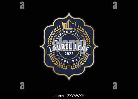 Vintage Retro Round Royal King Crown Wheat Grain or Laurel Leaf Badge Emblem Label Logo Design Stock Vector