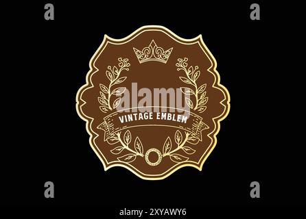 Vintage Retro Round Royal King Crown Flower Leaf Leaves Badge Emblem Label Logo Design Stock Vector