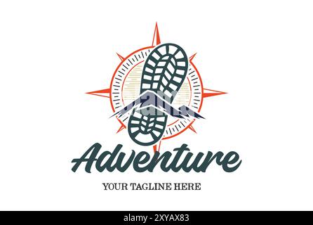 Vintage Retro Hipster Mountain Compass with Shoe Print for Outdoor Sport Adventure Hiking Climbing Logo Stock Vector