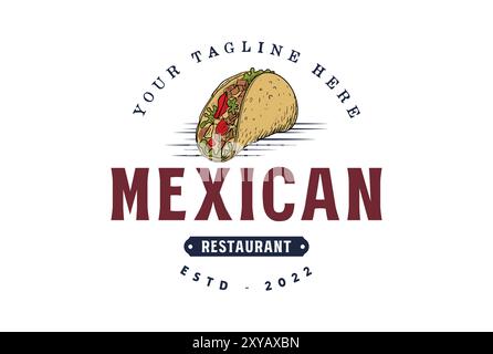 Vintage Retro Hot Spicy Mexican Tacos or Hot Dog Sausage for Restaurant Cafe Badge Typography Logo Design Stock Vector