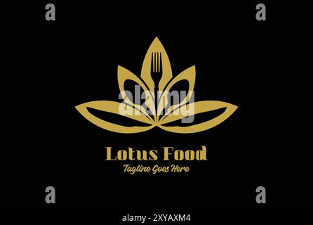 Golden Lotus with Spoon Fork Knife for Nature Health Food Logo Design Stock Vector