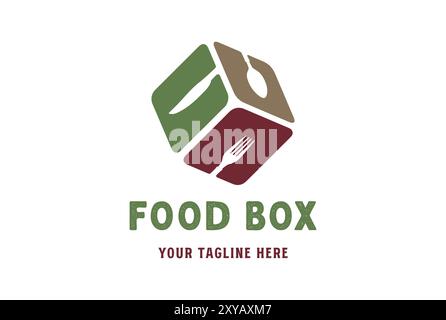 Geometric Cube Box Spoon Fork Knife for Food Restaurant Catering Delivery Service Logo Design Stock Vector