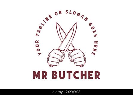 Vintage Retro Hand Hold Crossed Meat Knife for Butcher Logo Design Stock Vector