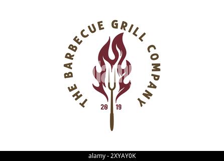 Rustic BBQ Barbecue Grill Fork with Flame Logo Design Stock Vector