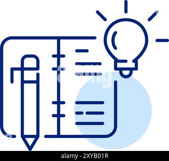 Open weekly planner, pencil and light bulb. Organized creativity, innovative scheduling. Pixel perfect, editable stroke icon Stock Vector