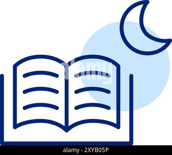 Open book and moon. Night time reading for babies. Pixel perfect, editable stroke icon Stock Vector