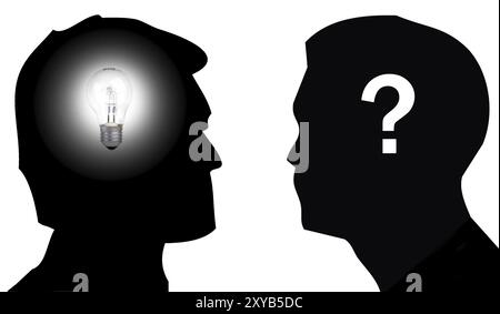 Silhouette of two men, one with a light bulb on his head to illustrate the concept of having an idea and the other with a question mark on his head to Stock Photo